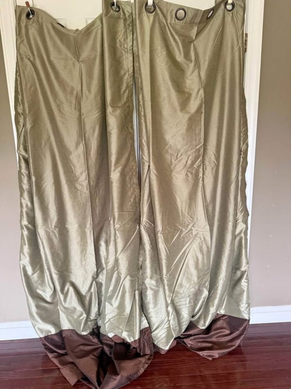 Custom GREEN with Brown Border 54L x 92L Grommet SILKY? Drapes. Set of 2